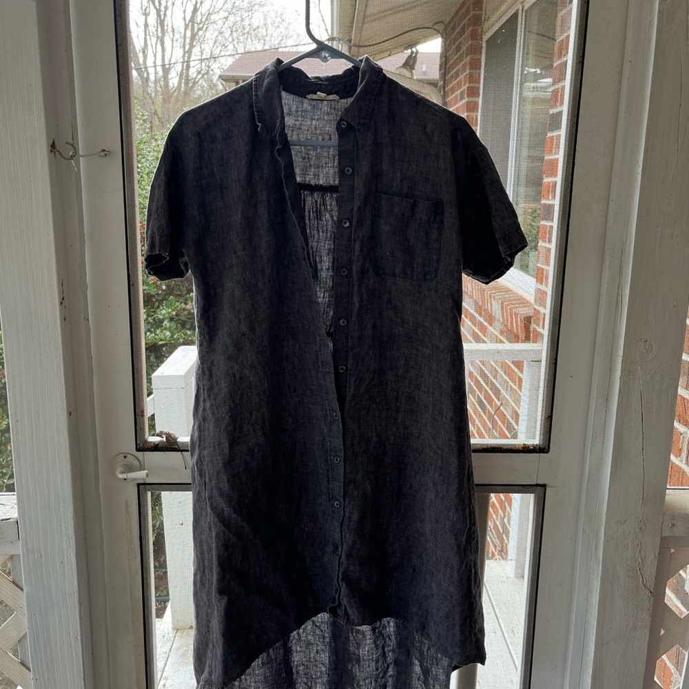 Eileen Fisher Charcoal Linen Button-Up Uneven Hem Dress Short Sleeves Size XXS